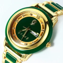 Jade Stone Watch Quartz Wristwatch Clock Male Luxury Gold Green White Gemstone Case Dial Business Men Calendar Vintage Man Reloj