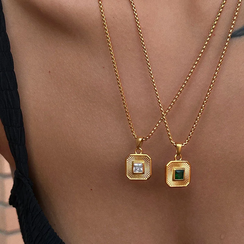 Colored green square pendant necklaces stainless steel necklace for women simple dainty geometric jewelry vintage elegant jewel