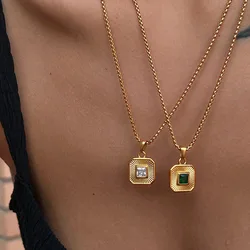 Colored green square pendant necklaces stainless steel necklace for women simple dainty geometric jewelry vintage elegant jewel