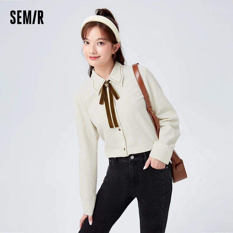 

Semir Long-Sleeved Shirt Women Corduroy Loose Retro Winter Elegant Temperament Niche Bow Tie Shirt