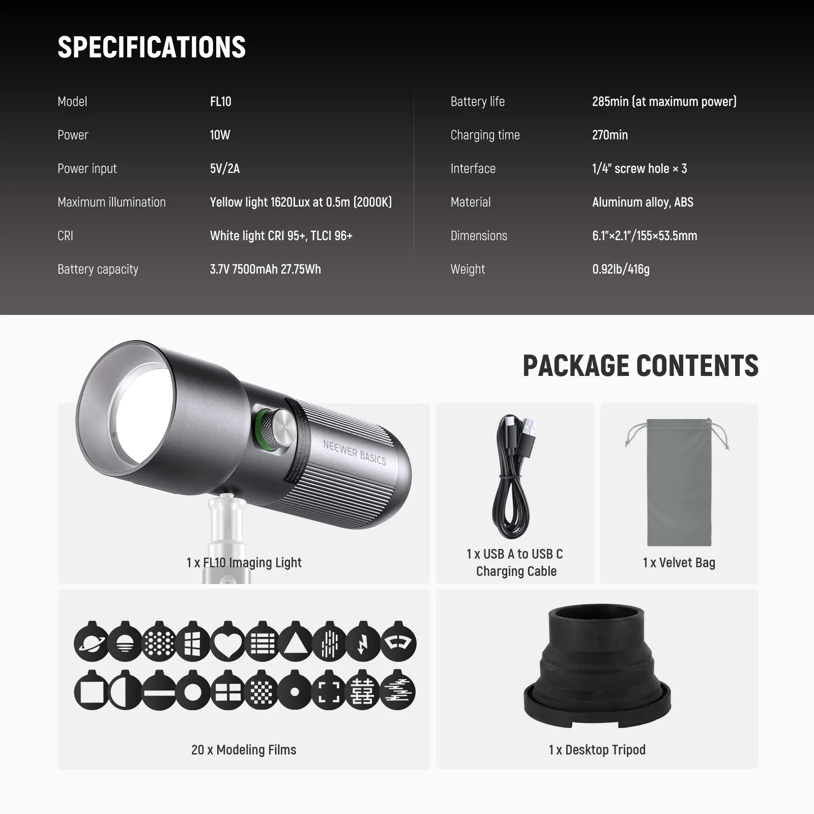 NEEWER BASICS FL10 LED Photography Flashlight with 4 Colors/20 Gobo Filters/7500mAh, 10W Portable LED Video Spotlight