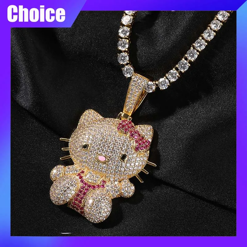 Sanrio Hellokitty Figure Necklace Anime KT Cat Pendant Kawaii Cartoon Character Fashion Jewelry AAAAA Zircon Women Birthady Gift