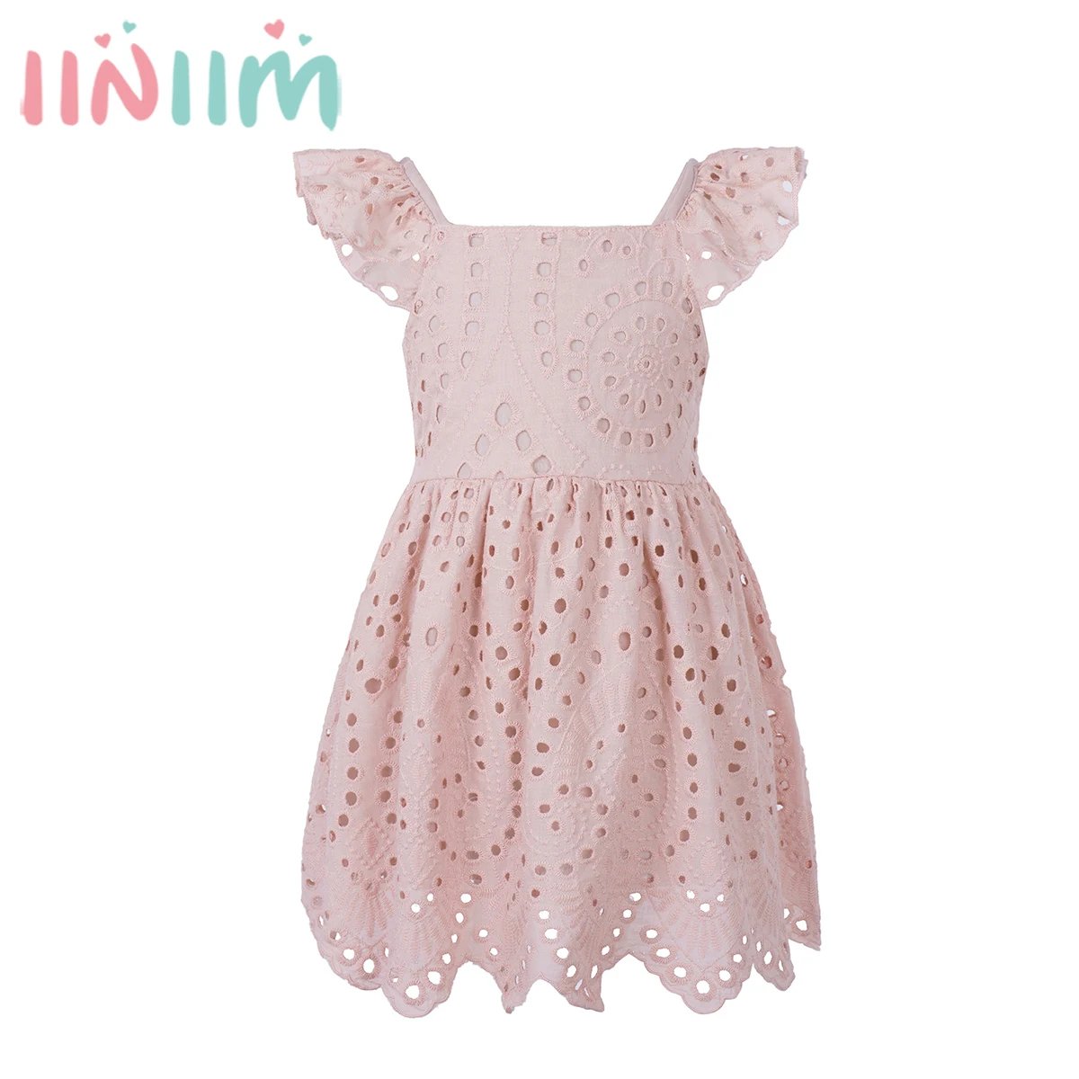 

Girls Cute Lace Hollow Dress Summer Sleeveless Square Neck Ruffle Lace-up Irregular Hem Dresses for Birthday Party Vacation