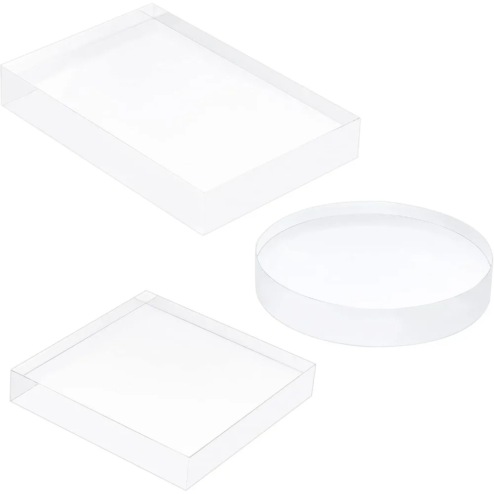 3 Pack Clear Polished Acrylic (Square & Flat Round & Rectangle) Display Base Block for Jewelry Ring Stand Showcase Holder Flat