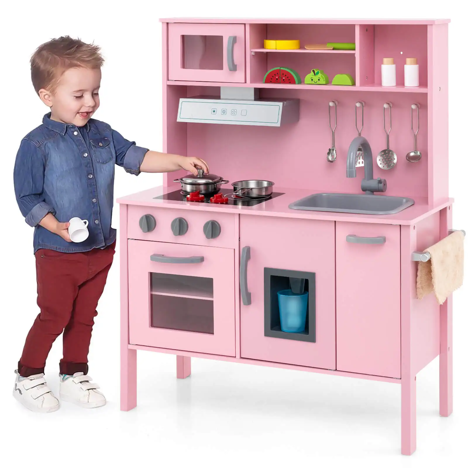 Crianças Cozinha De Madeira Finja Play Set, Chef Toy, Microondas e Acessórios