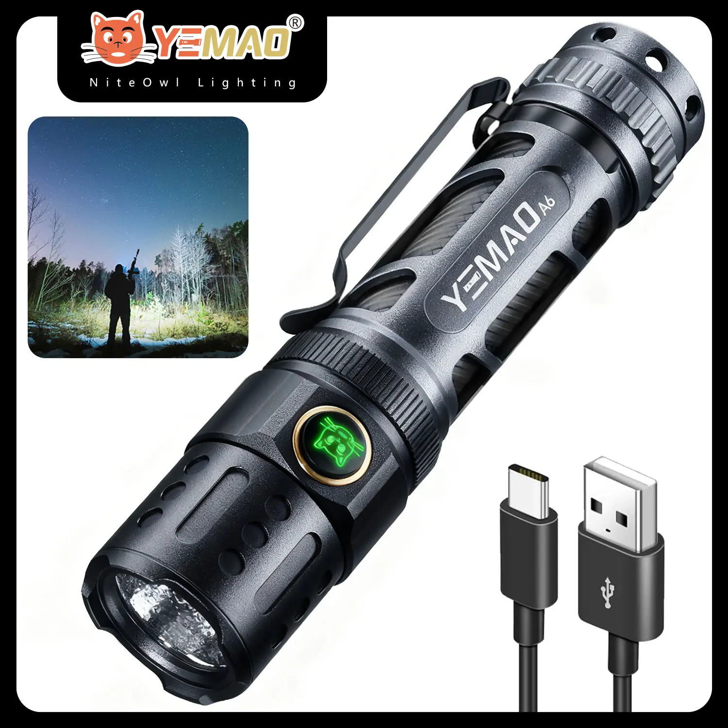 

YEMAO G620 1300LM Dual Light Zoom Torch - 21700/18650 Алюминиевый фонарик с белым и теплым светом для наружной и ночной рыбалки