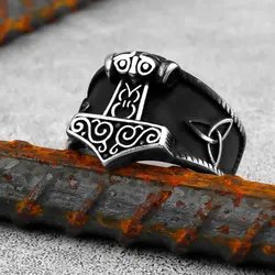 316L Stainless Steel New Viking Ring Mjolnir Thor Hammer Celtics Knot Rings Mens Nordic Amulet Jewelry Free Shipping Wholesale