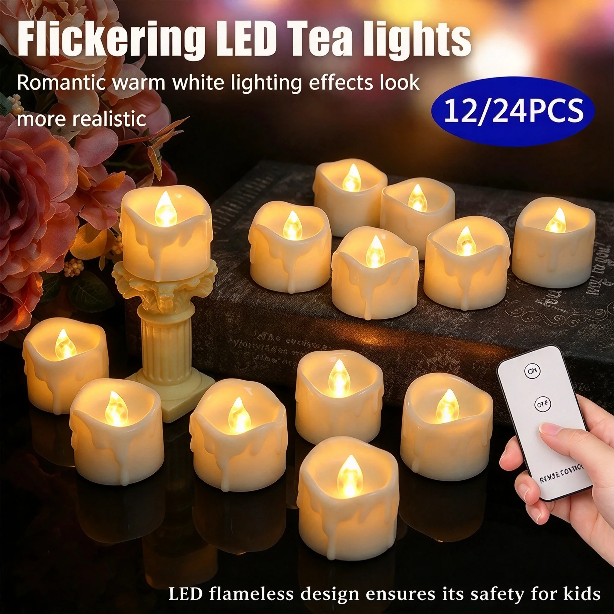 12/24x Drip Wax LED Tea Light Flickering Votive Candles With /Without Remote Realistic Electric Lights for Wedding Holiday Decor