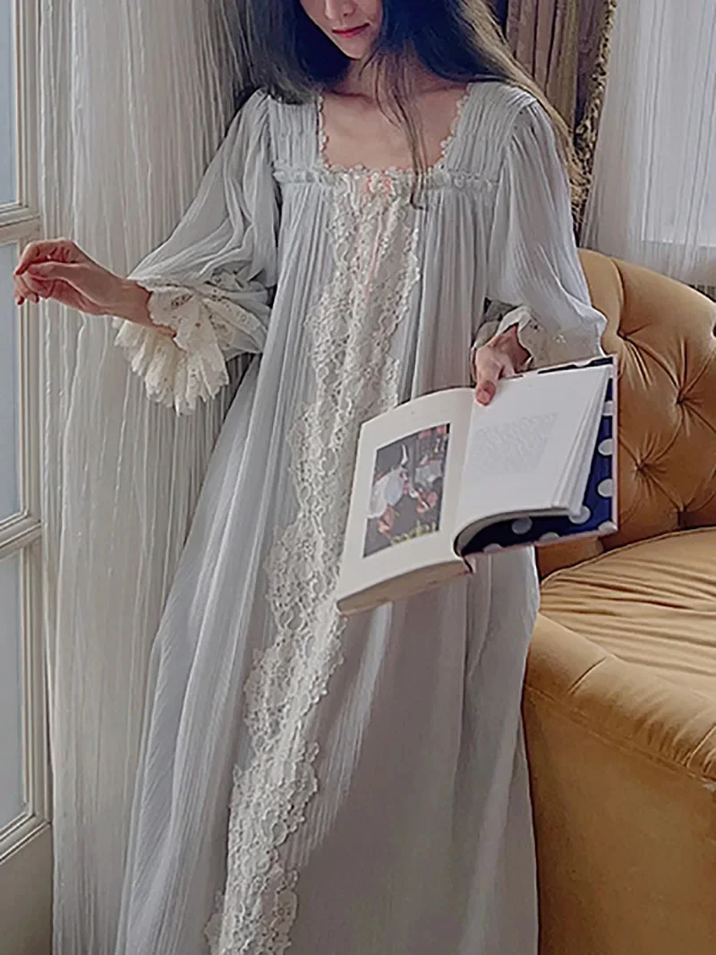 Women Pure Cotton French Fairy Pajama Nightdress Vintage Princess Loose Long Sleeve Spring Autumn Victorian Nightgowns Sleepwear