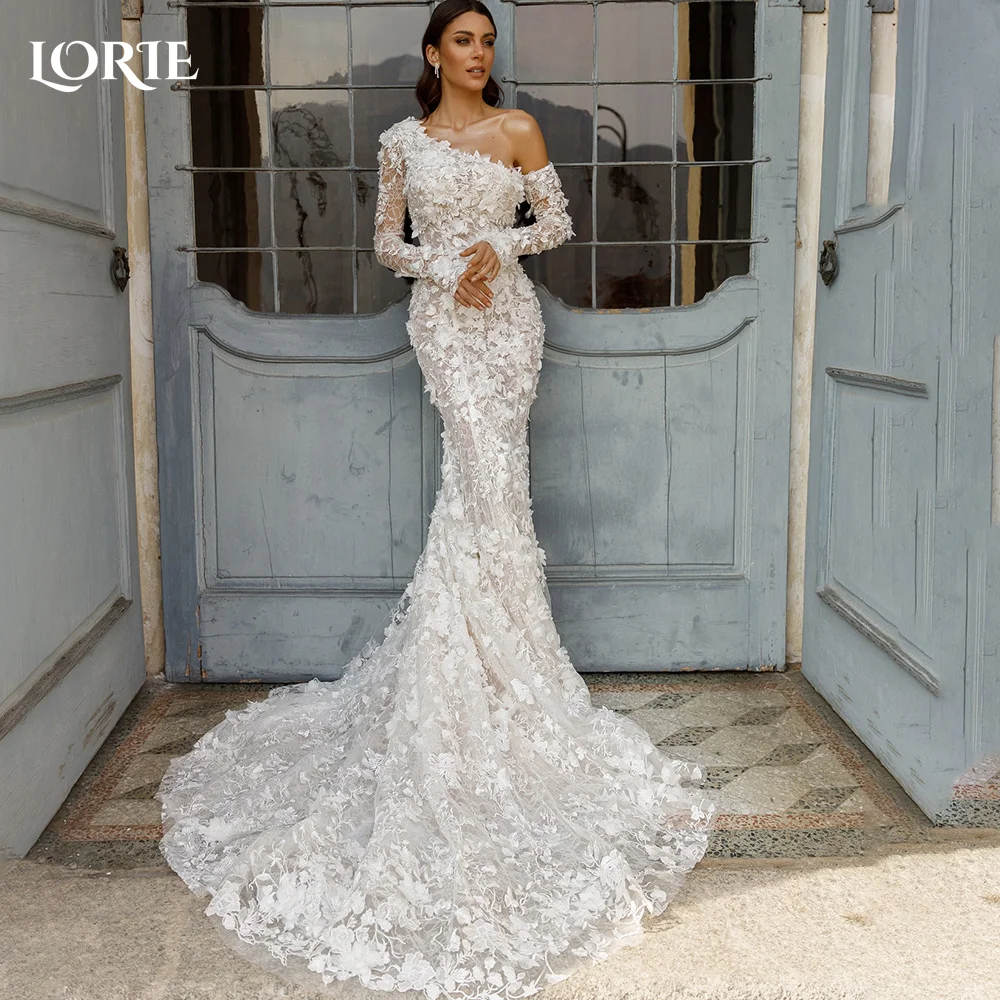 

LORIE Elegant Lace Mermaid Wedding Dresses One Shoulder Long Sleeve 3D Flowers Bridal Gowns Customized Princess Bride Dress