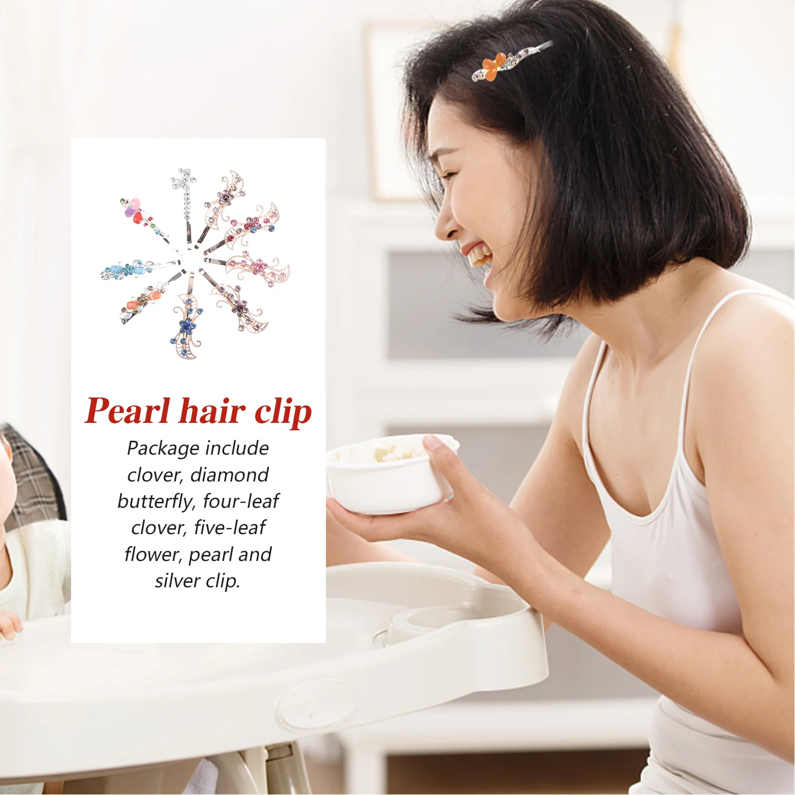 

19pcs Rhinestone Hair Clips For Women Girls Four-Leaf Clover Five-Leaf Butterfly Pearl Silver Alloy Hairpins