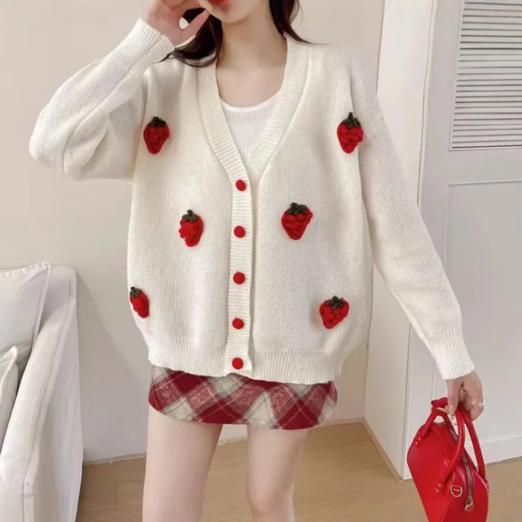 

Strawberry Design Loose Knitted Cardigan Women's Outerwear Lazy Style Autumn Winter New Arrival Fashionable Sweater Coat
