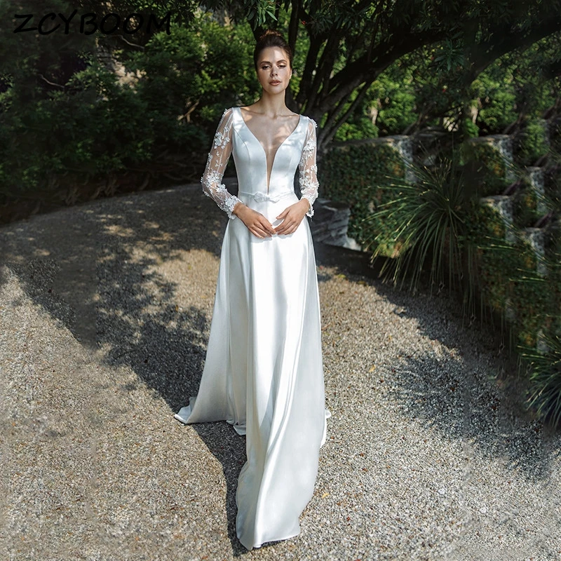 

Elegant Satin V-Neck Backless Appliques A-line Long Sleeve 2024 Evening Dresses for Women Court Train Party Dresses Prom Dress