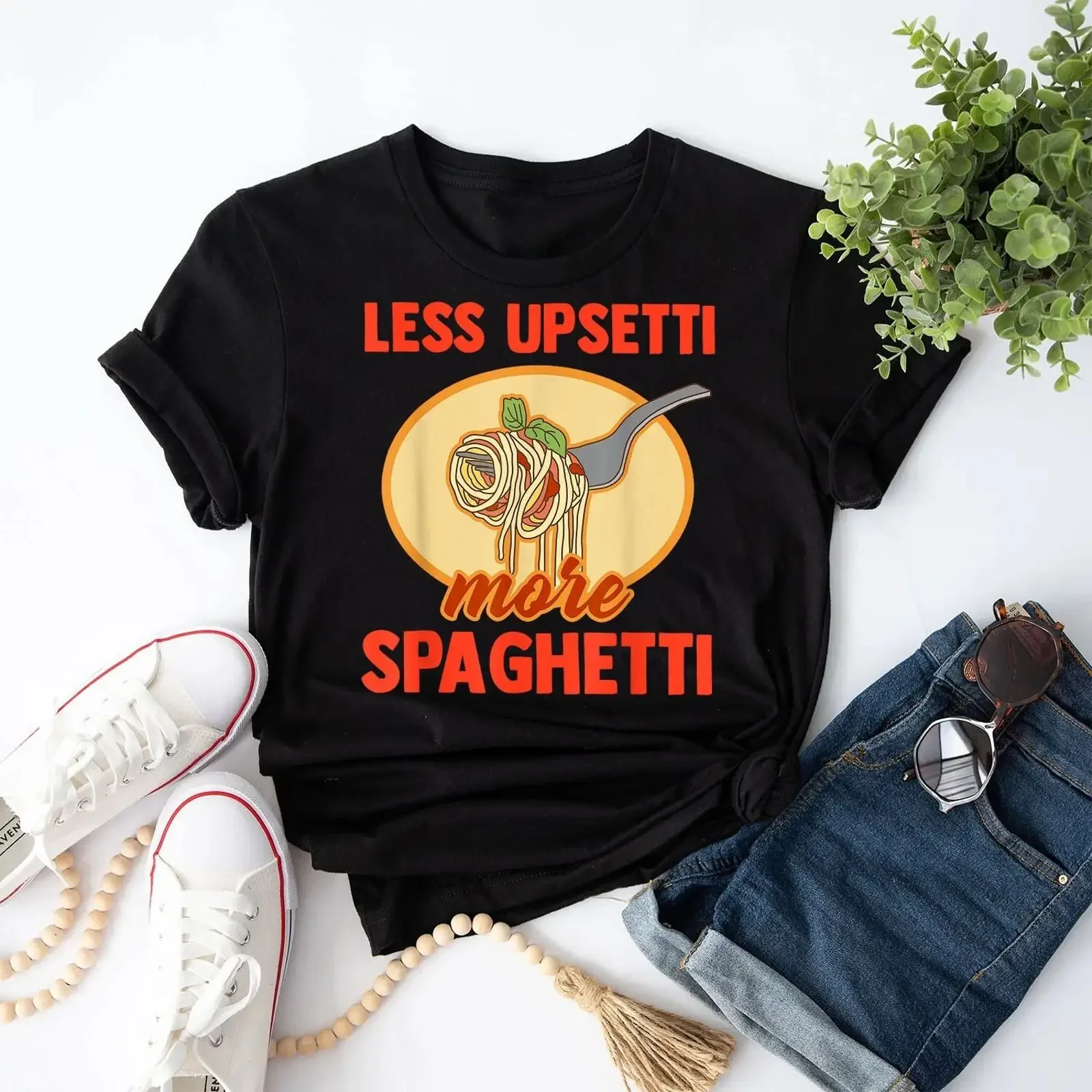 Less Upsetti More Spaghetti Funny Pasta Lover Saying Outfit T Shirt vintage Washed fashion Stretched Breathable Soft