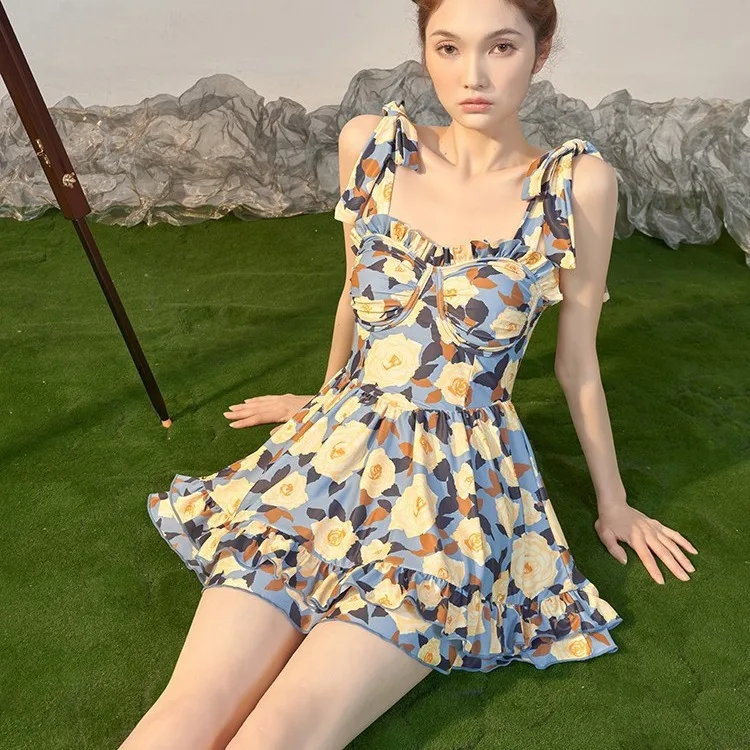 One-piece Swimsuit Women's Retro Printed Slim Boxer Pants Soak in Hot Spring