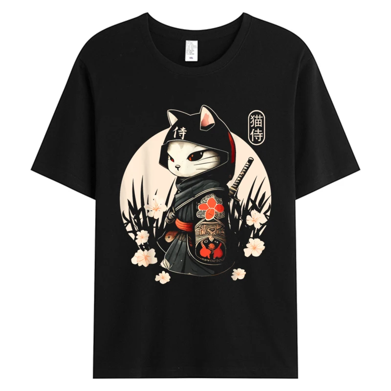 

Japanese Samurai Cat Tattoo T-shirt Kawaii Ninja Cat Men's Cotton Fabric Graphic Tshirt Weekend Party Tops Tees Man Clothing