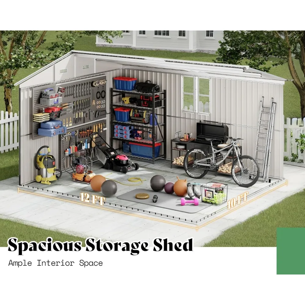 10x12x7 FT Galvanized Steel Storage Shed with 2 4-Pane Windows Hinged Double Doors, Outdoor Shed for Backyard, Garden