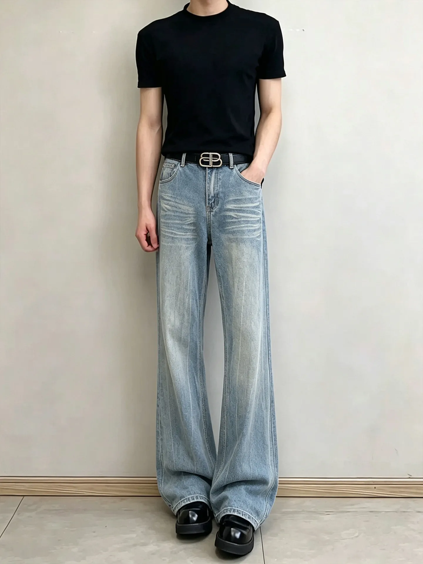 Black Lightning Pattern Flared Jeans Men's American High Street CleanFit Straight Leg Lift Pouch Long Legs Knife Pants