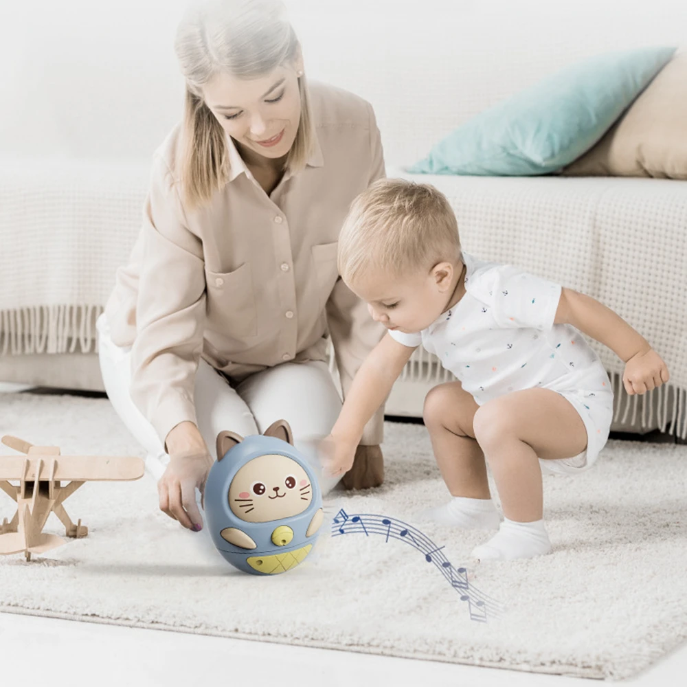 Juguetes musicales de gato Weeble Wobbler para niños de 3 a 12 meses (azul).