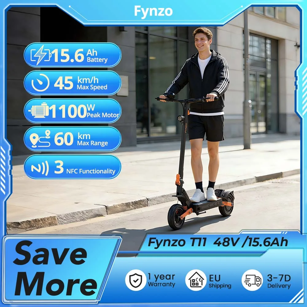 Trottinette électrique Fynzo T11 City avec suspension de bras oscillant, 48V/15.6Ah, 1100W, pneus tubeless en caoutchouc de 10 pouces, verrouillage NFC et par code, freins à disque E-ABS
