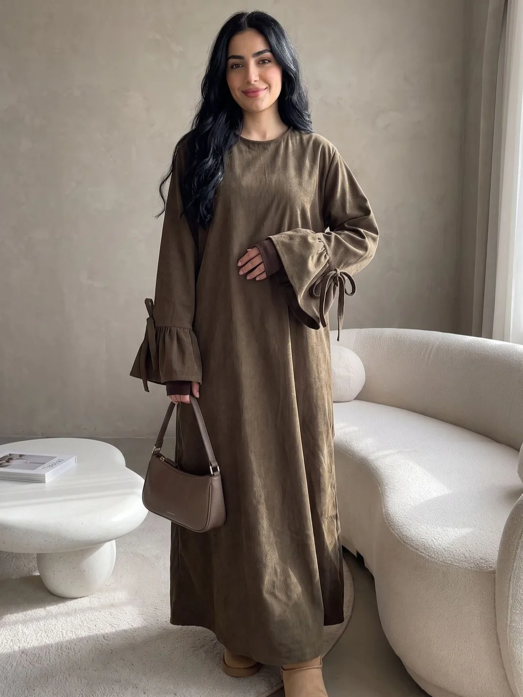 Muslim Women Solid Color Long Sleeve Dress Elegant Sweet Maxi Dress Long Sleeve Loose Abaya Turkey Robe One Size Arab Islamic