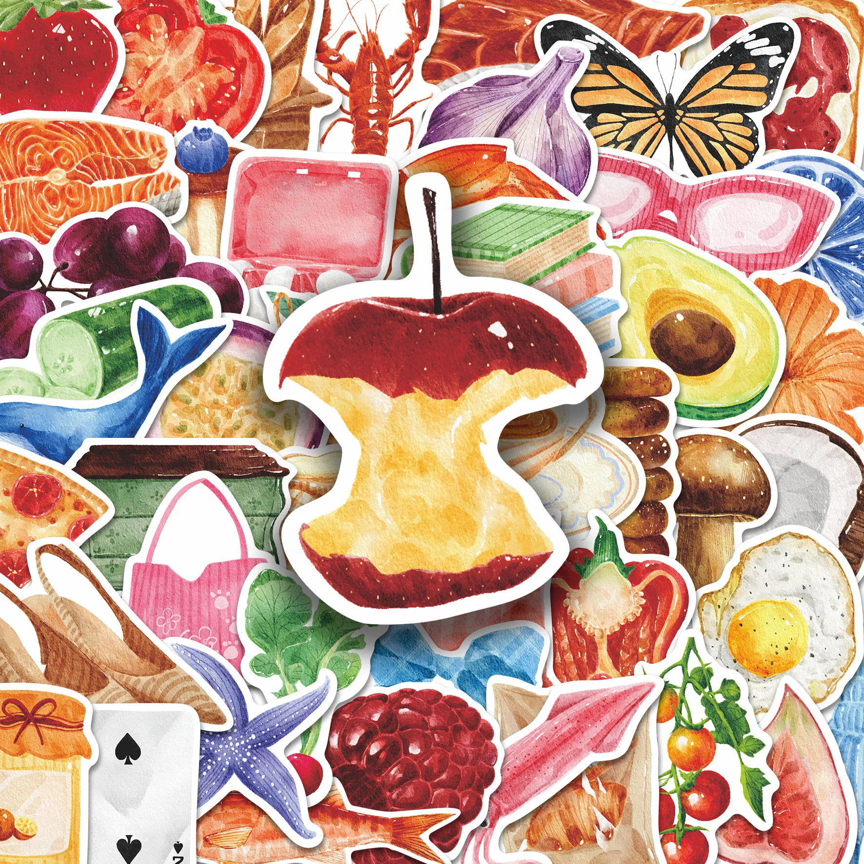 50pcs Watercolor Food Stickers Pack, Cute Vinyl Decals with Sweet Food for Phone & Luggage, Ideal for Food & Warm Vibe Fans