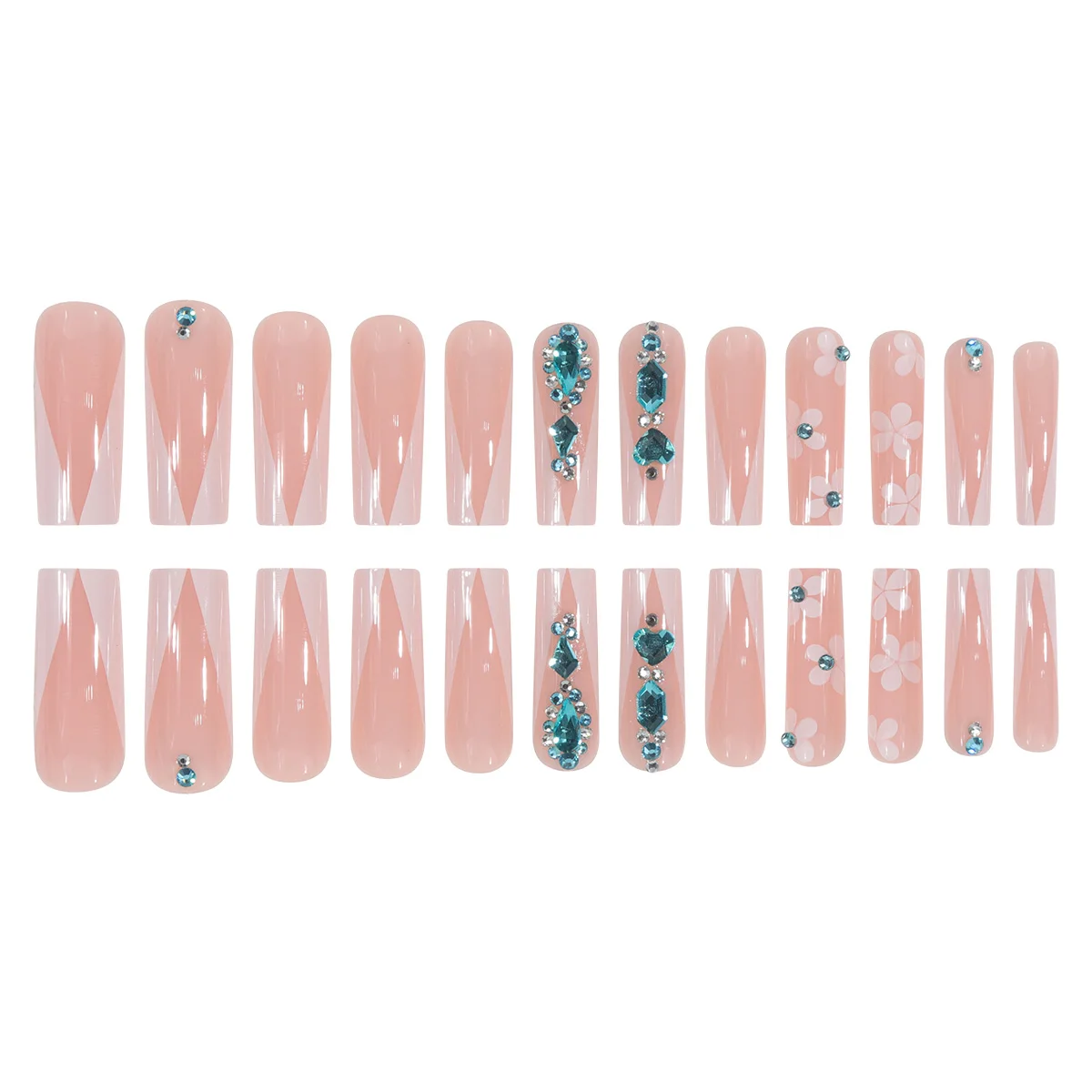 Enhance your charm with 24 water droplet shaped white French flower patterns and 3D dot drills. Smooth acrylic nail art set