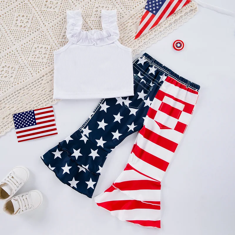 

Children's Clothing Girls' Independence Day Festival Outfit Camisole Top Blue and White Color Block Print Flared Pants2Piece Sui