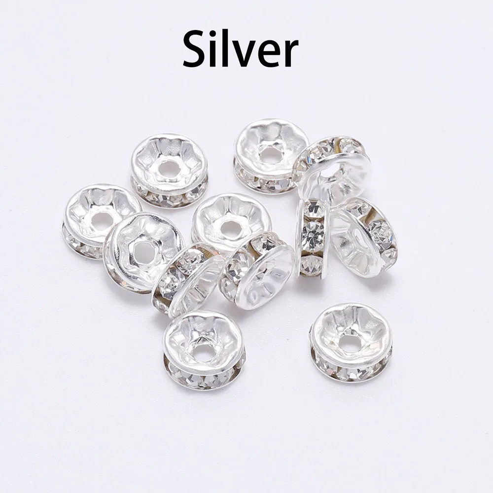 50Pcs/lot 4 6 8 10mm Metal Loose Rhinestone Spacer Beads Rondelles Crystal Bead For DIY Jewelry Making Supplies Accessories