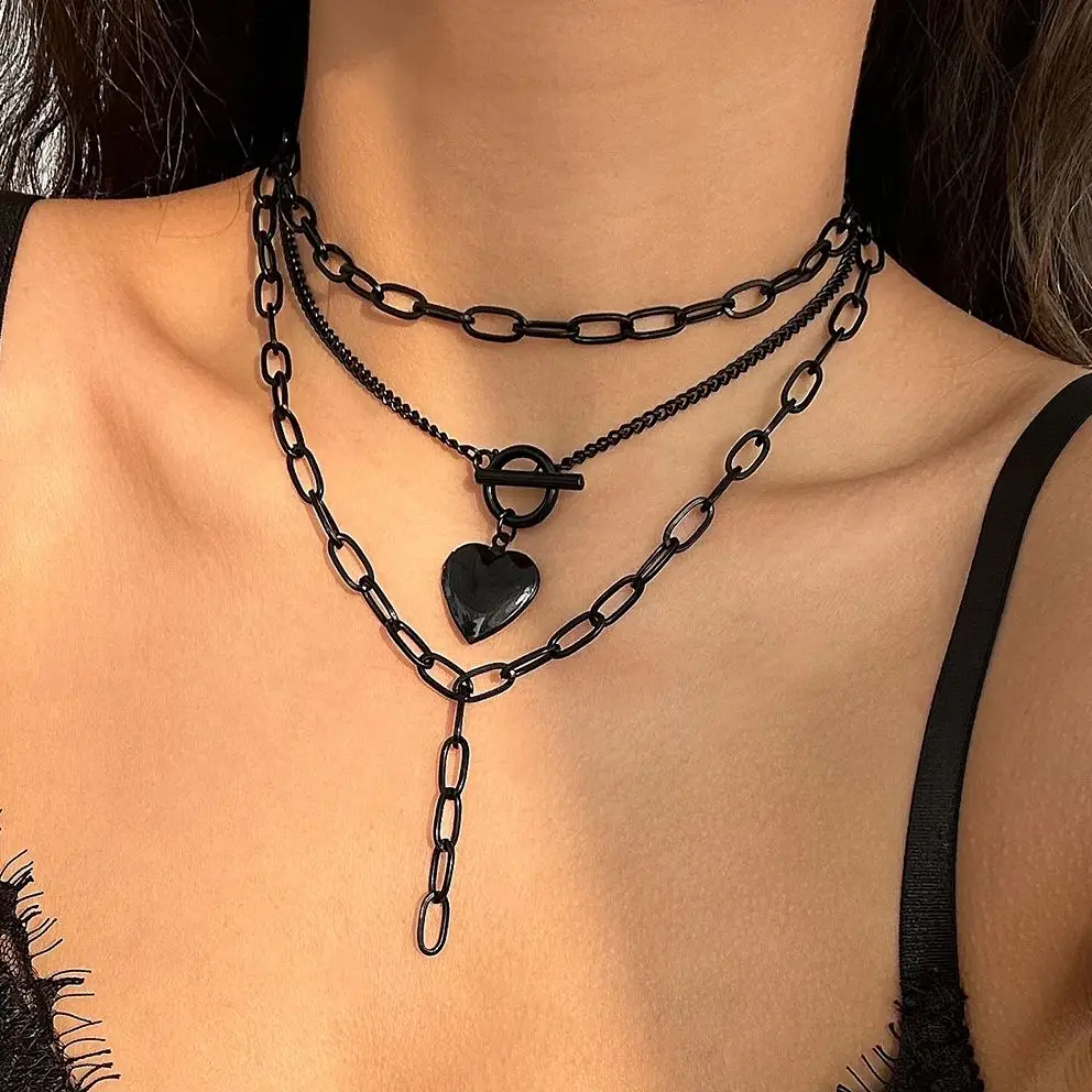 IngeSight.Z Gothic Multi layer Heart Ball Pendant Necklace For Women Punk Black Sspray Paint Metal Chain OT Buckle Choker Neck