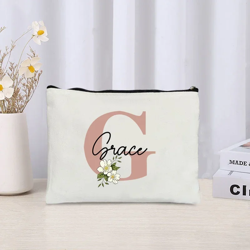 Custom Name Wash Bag Flower Letters Bridesmaid Gift Travel Cosmetic Organizer Canvas Ladies Make up Bag Cute Pencil Case Purse