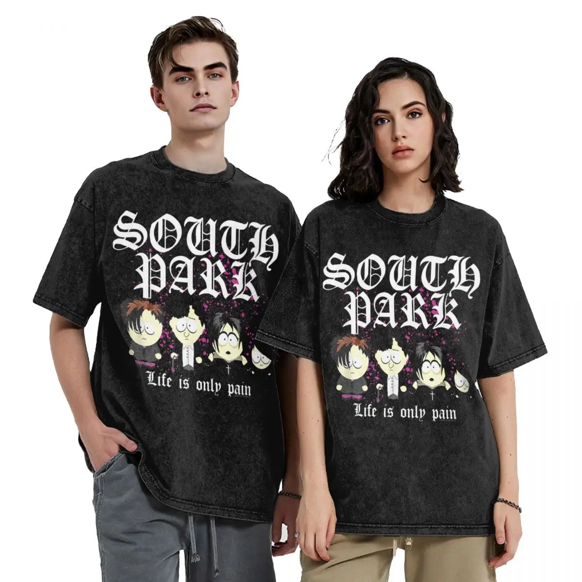 2024 New Design Southpark Goth Kids Life Is Only Pain Shirts Outfit Men Women Washed Tees Tops High Street T-shirts