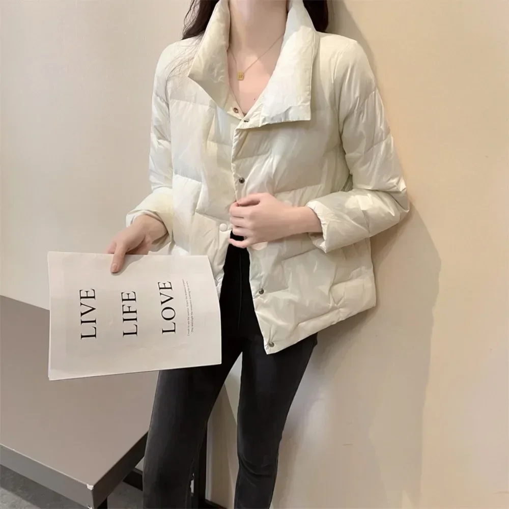 2025 الإناث الخريف الشتاء أسفل سترة الصلبة الوقوف طوق سترة منفوخة للنساء منقوشة خفيفة الأبيض بطة أسفل معطف الدفء #4