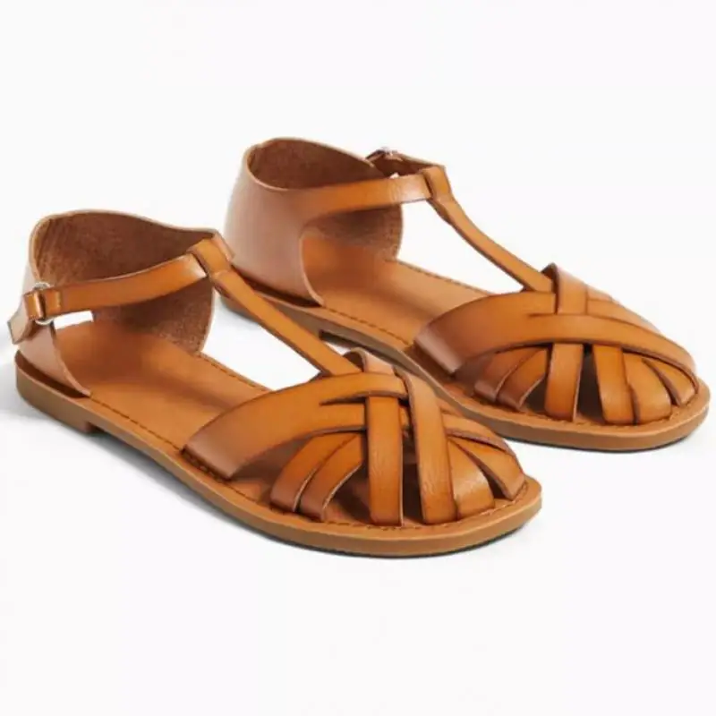 2024 Summer Flats Sandals Shoes Brown Genuine Leather Buckle Strap Gladiator Sandalias Femininas Mujer Flat Single Shoes Woman