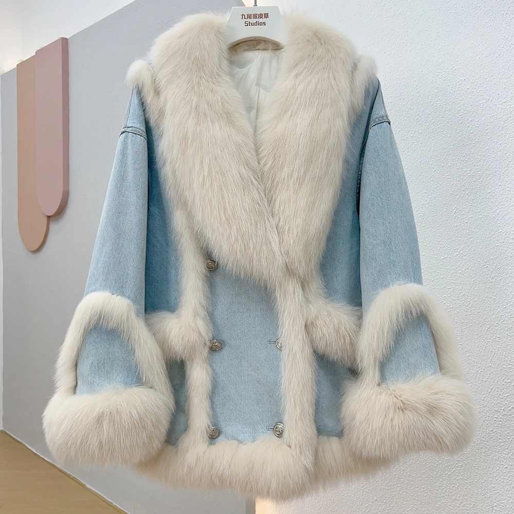 2023 New Winter Women Real Fox Fur Collar Thick Coats White Goose Leather Down Warm Jacket Luxury Female Coat Streetwear