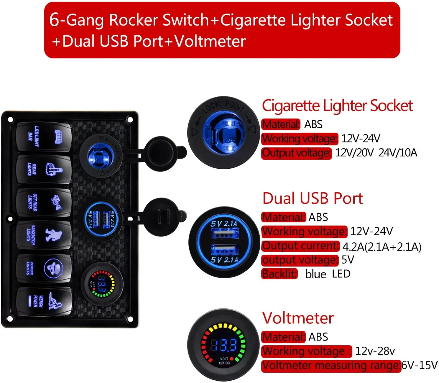 Waterproof Marine Boat 6 Gang Rocker Switch Panel With 4.2A Dual USB Slot Socket Cigarette Lighter For Car Rv Vehicles Truck