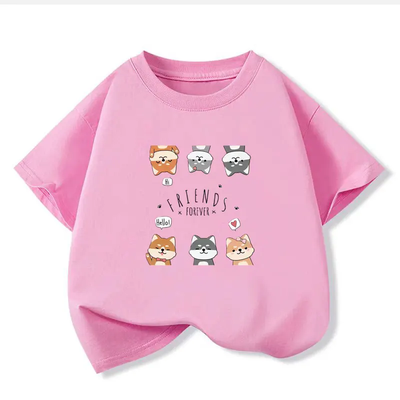 Summer Cotton Cute Cat Print T-shirt for Girls Kids TShirt Cartoon Children Clothes Casual Teen Baby Girl Y2K Tops Pink Purple