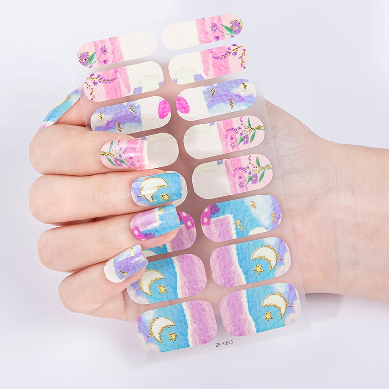 16tips Gradient DIY Baking-Free Nail Stickers Shiny Flowers Adhesive Nail Strips Patch Slider Full Cover Nail Decoration Decal