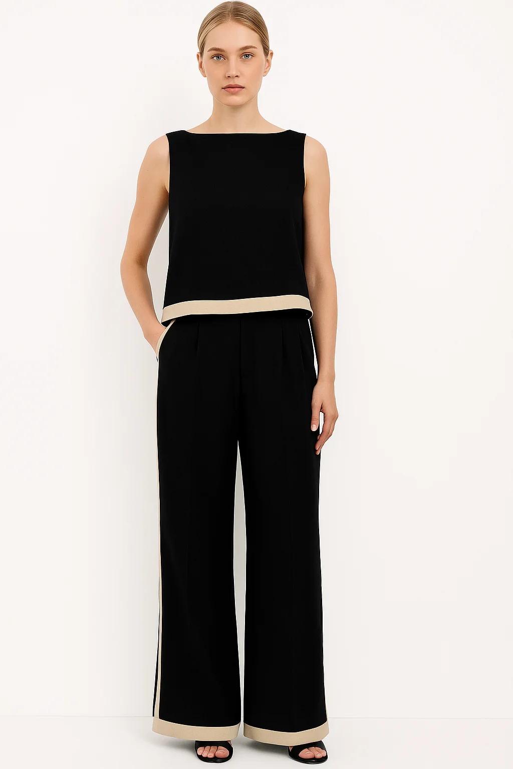 

2025 Summer Women'S Black Linen Two-Piece Set With Sleeveless Tops And Long Pants Casual Fashion Outfit