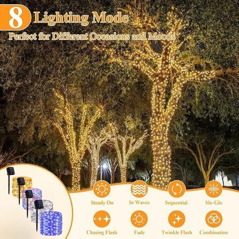 Solar Fairy Lights Outdoor Fairy Festoon 8Modes Copper Wire Lamp Lights for Garden Lawn Patio Xmas Christmas Tree Wedding Decor