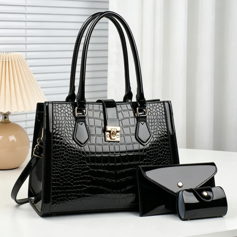 Glossy crocodile-pattern women's handbag, 3-piece fashion women's bag set, large-capacity casual crossbody bag for women