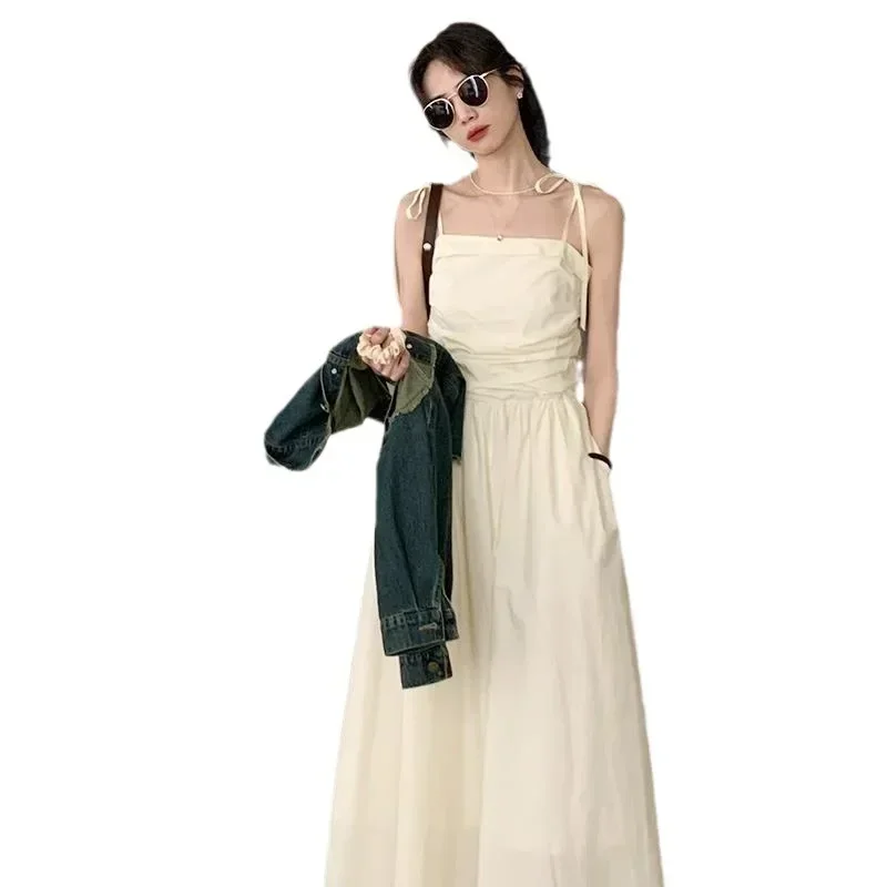 Summer French Vintage Hepburn Style Strap Dress Solid Color Sleeveless Vestidos Korean Casual Slim Waist Dress for Women Y2k