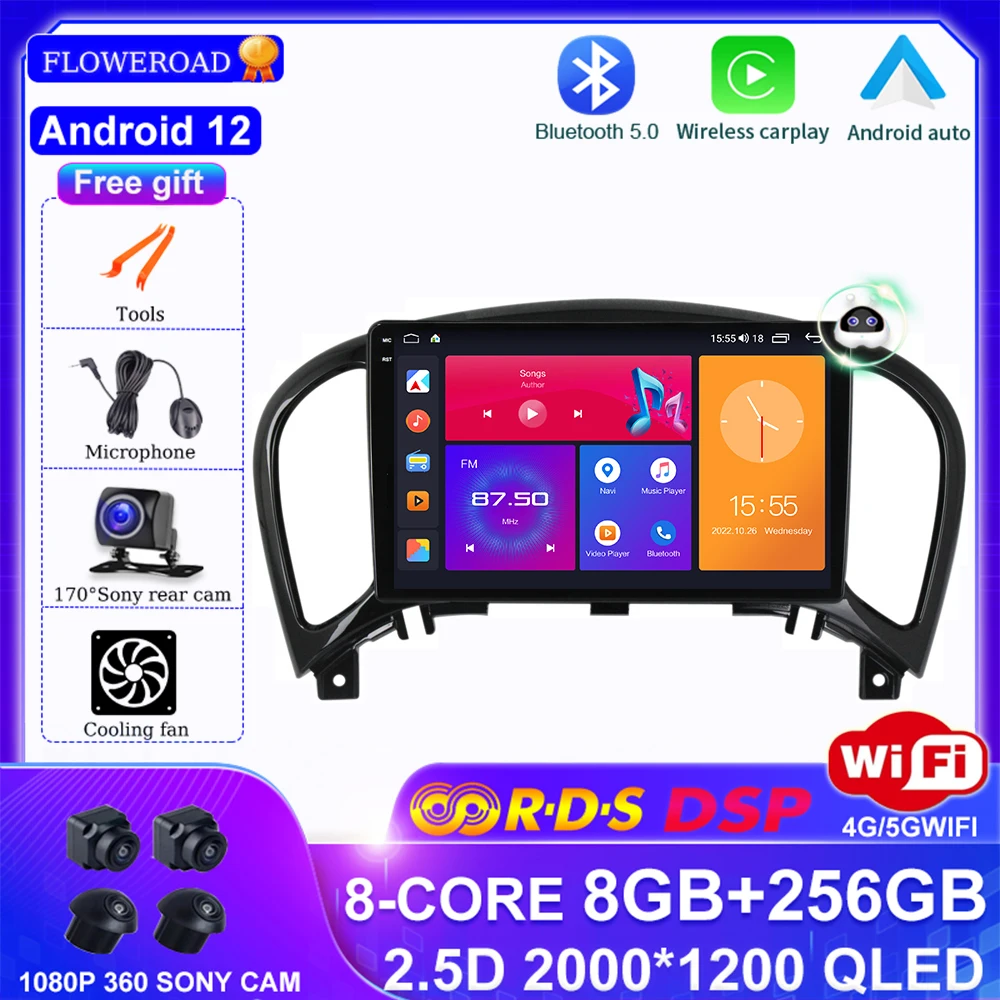 

Android 13 Car Radio For Nissan Juke 2010 - 2014 Stereo Multimedia APPLE wireless Carplay 360 cam 2.5D DSP NO 2DIN DVD Player BT