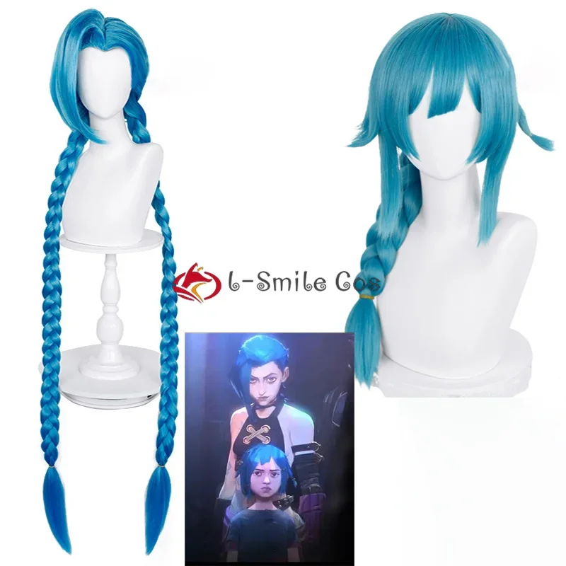 Game LOL Arcane Jinx Cosplay Wig Two Style 130cm Long Blue Double Braid Cosplay Wig Heat Resistant Synthetic Hair Wigs + Wig Cap