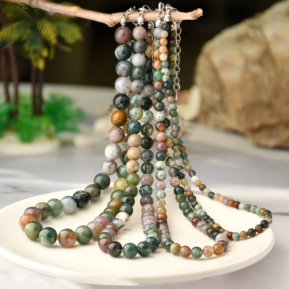 1PC Vintage Natural Stone Indian Agate 4-10mm Necklace Women's Exquisite Trendy Autumn And Winter Holiday Handmade Jewelry