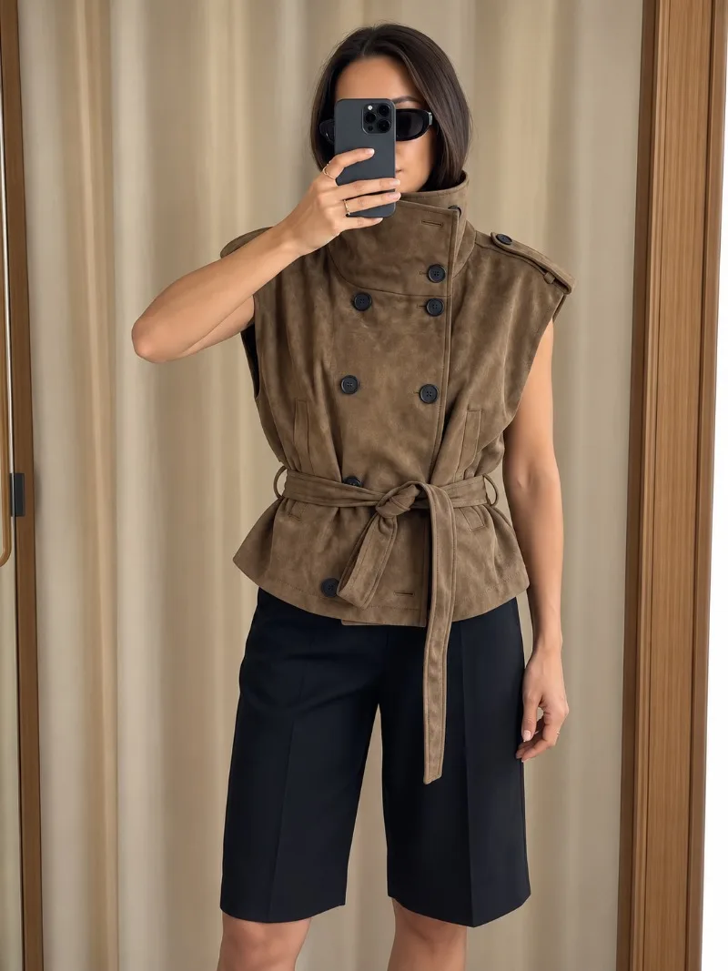 Damen-Weste aus Wildlederimitat, ärmellos, doppelreihig, mit selbstbindendem Gürtel, hohem Kragen, Taschen, Schulterklappen, Oberbekleidung, Top 2026 – Detail 16