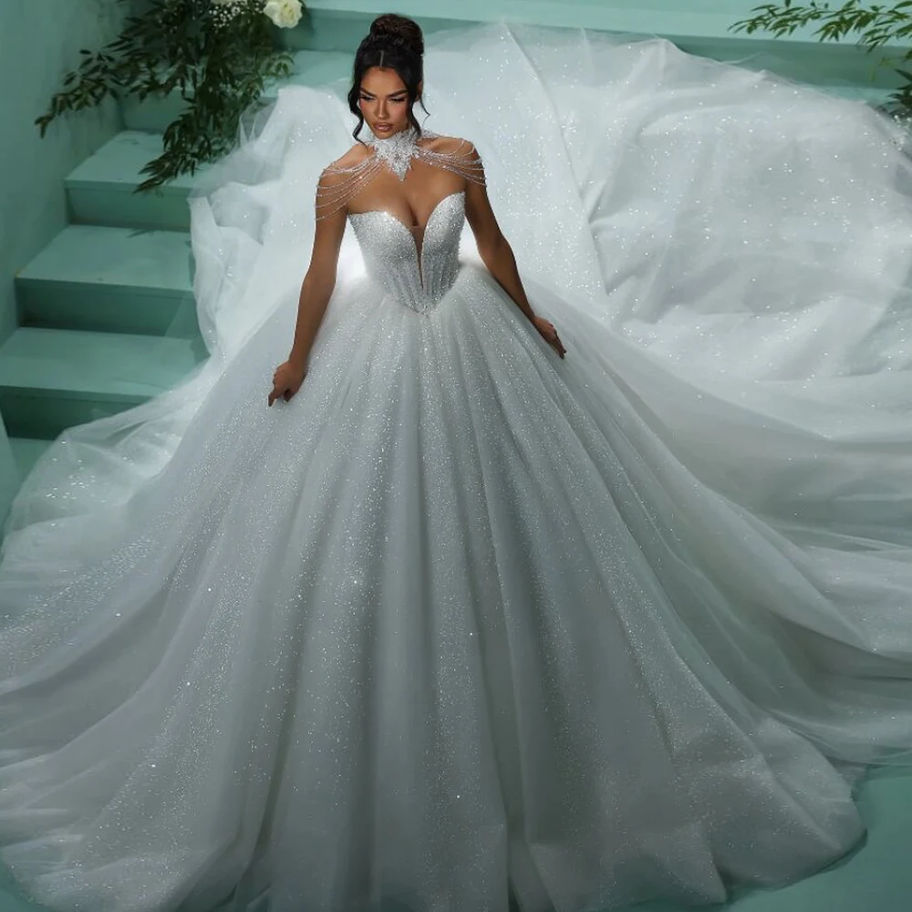 カスタムグリッタープリンセスウェディングドレス2025ビーズボールガウンブライダルドレススイートハートビーズカタドラルドレス