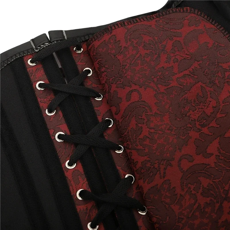 Corsetto Steampunk disossato in acciaio a spirale Goth Punk Red broccato Overbust Bustier Top