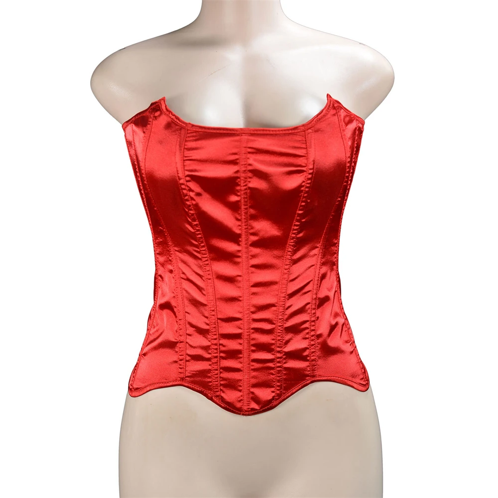 Womens Red Satin Overbust Corset Top Body Shaper Strapless Fishbone Bodices Simple Sexy Slimming Bustier Shapewear