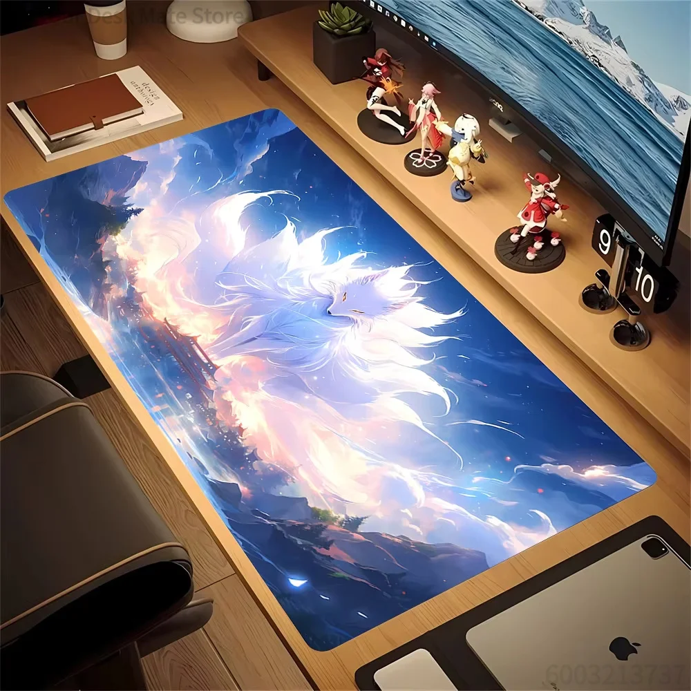 Fantasy Nine Tailed Fox Cherry Blossom Gaming Mouse Pad Waterproof Non-Slip Pastel Glowing Fox Desktop Mat For Gamers